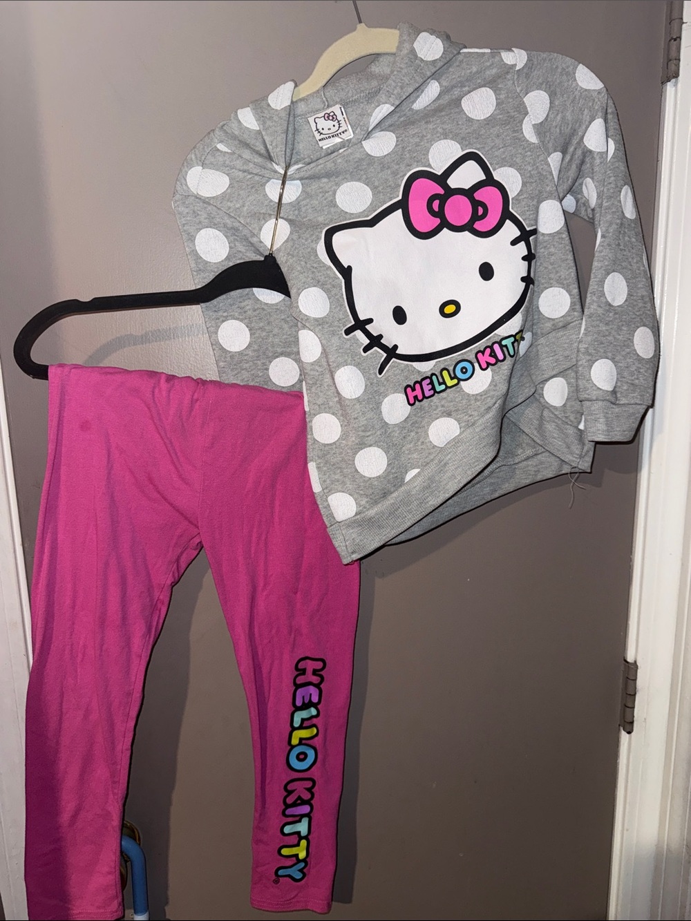 Hello Kitty Two-Piece Sweatsuit, Pink Leggings with Gray Polka Dot Hoodie Set
